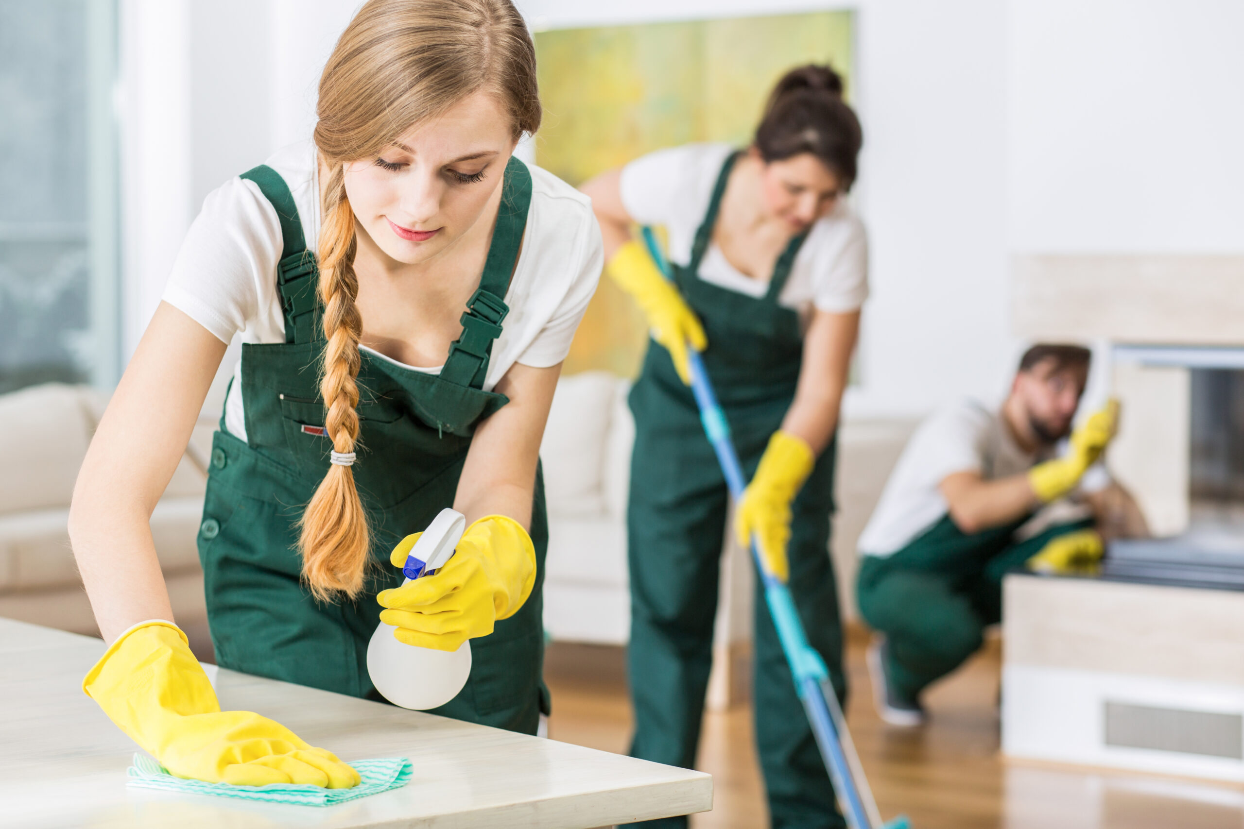 Professional cleaning service in uniforms during work