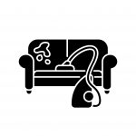 Furniture dry cleaning black glyph icon. Sofa professional washing, laundry service. Furnishing cleaning, stain removing equipment. Silhouette symbol on white space. Vector isolated illustration